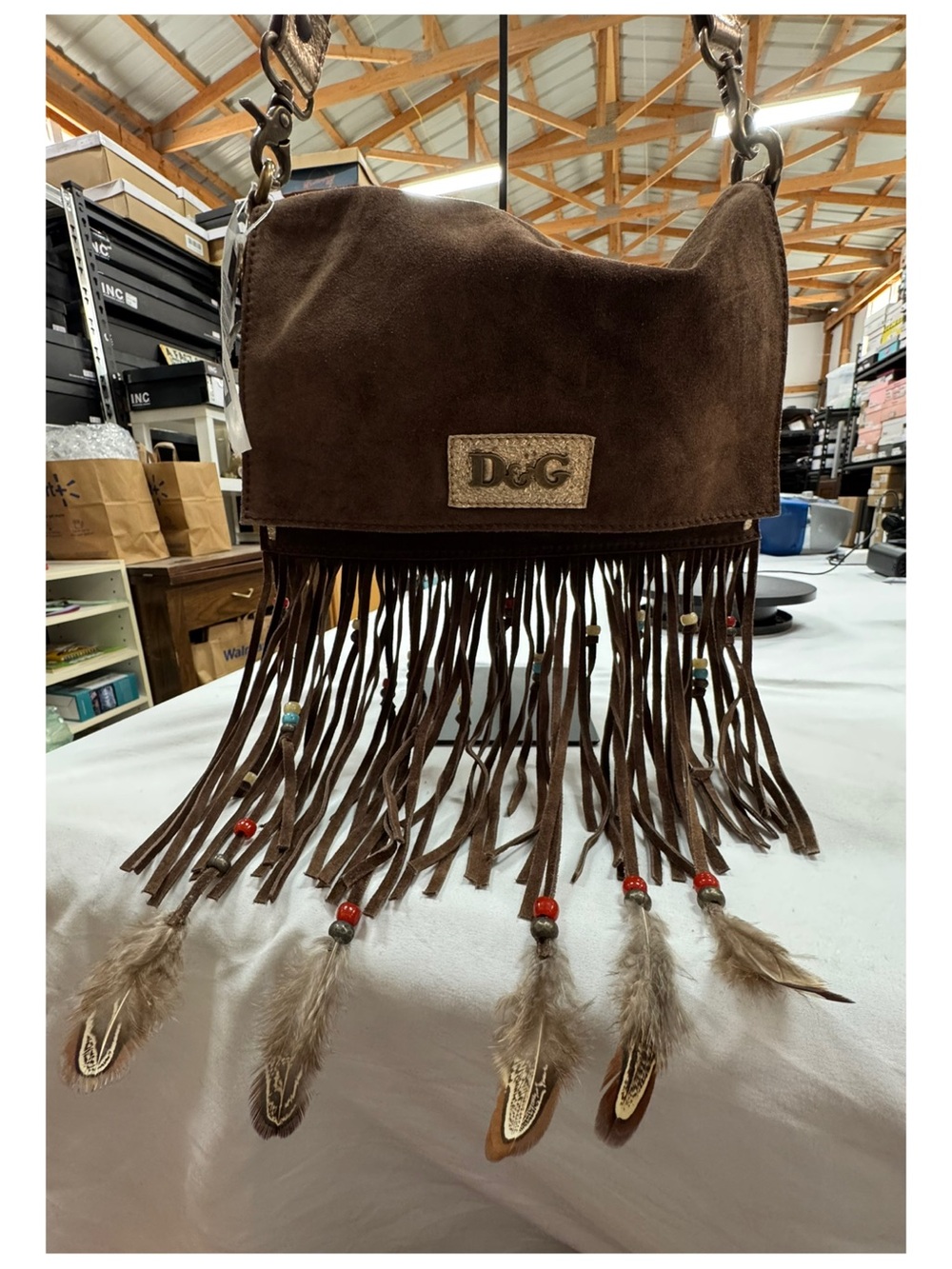 Dolce & Gabbana Vintage Brown Suede Fringe Crossbody with Feather accents